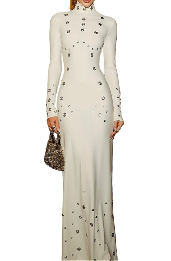 GUIDA Long Sleeve Metal Studs Bodycon Maxi Dress WHITE