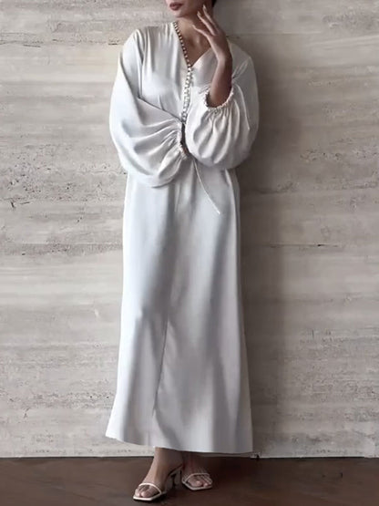 Loose Puff Sleeves Drawstring Solid Color Split-Joint V-Neck Maxi Dresses Shirt Dress