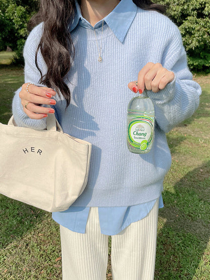 Long Sleeves Loose Solid Color Round-Neck Pullovers Sweater Tops