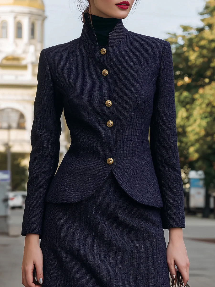 Long Sleeves Buttoned Solid Color Stand Collar Blazer Suit Outerwear