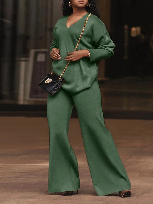 Long Sleeves Loose Solid Color V-Neck Pullovers