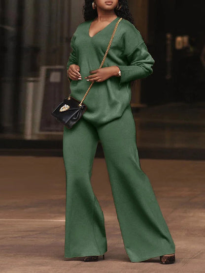 Long Sleeves Loose Solid Color V-Neck Pullovers