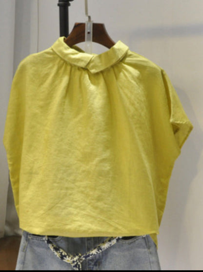 Künstlerische Retro-Blusen und Hemden mit kurzen Ärmeln, locker, plissiert, einfarbig 