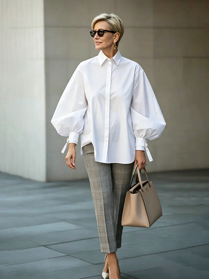 Long Sleeves Loose Buttoned Solid Color Tied Lapel Blouses&Shirts Tops