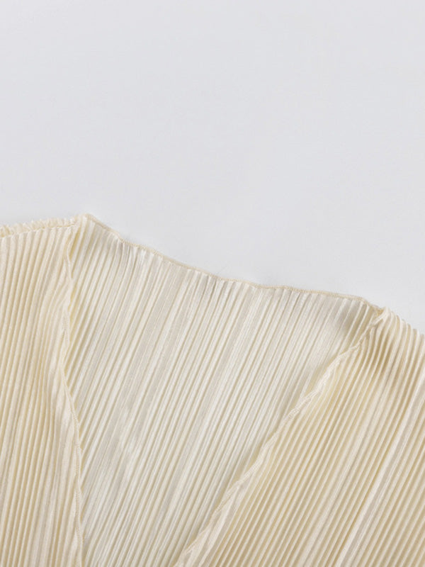 Long Sleeves Loose Lace-Up Pleated Solid Color Split-Joint Deep V-Neck Blouses&Shirts Tops