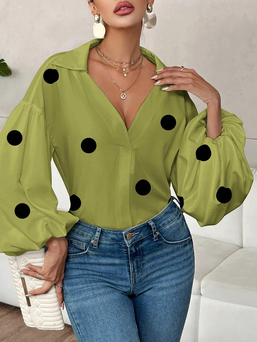Long Sleeves Loose Contrast Color Pleated Polka Dot Split-Joint Lapel Blouses&Shirts Tops