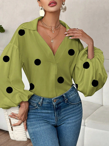 Long Sleeves Loose Contrast Color Pleated Polka Dot Split-Joint Lapel Blouses&Shirts Tops