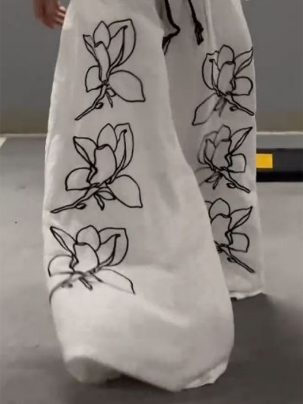 Loose Wide Leg Drawstring Flower Print Casual Pants Bottoms Trousers