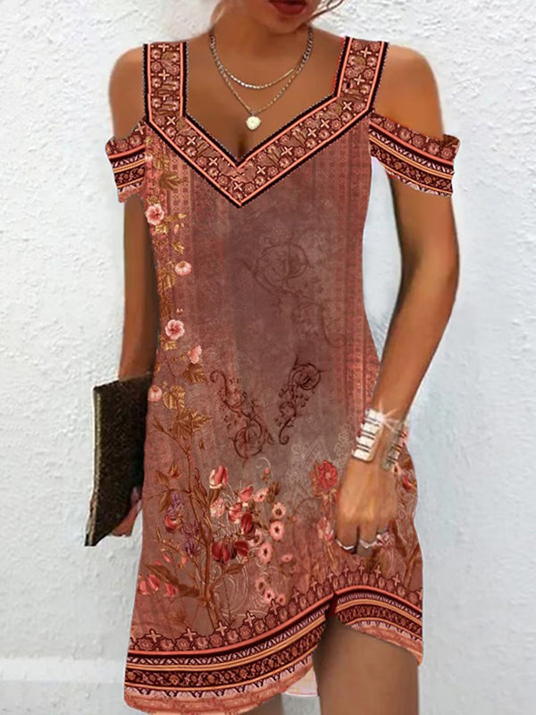 A-Linien-Minikleid mit hoher Taille und Blumendruck, ausgehöhlten, kalten Schultern 