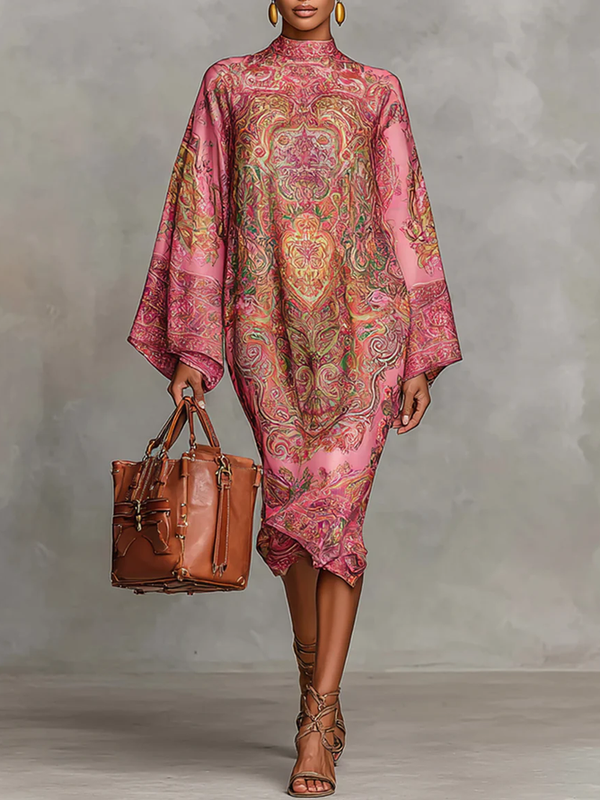 Long Sleeves Loose Contrast Color Printed Mock Neck Midi Dresses