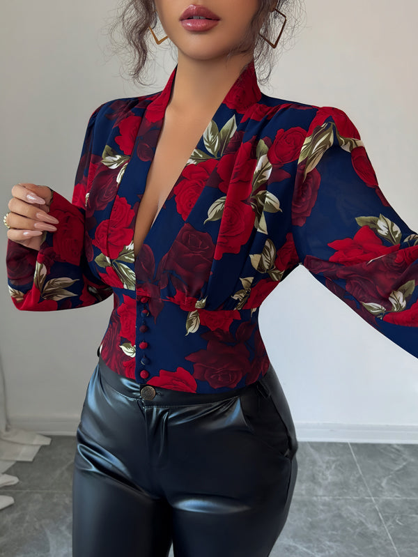 Long Sleeves Puff Sleeves Buttoned Flower Print Deep V-Neck Blouses&Shirts Tops