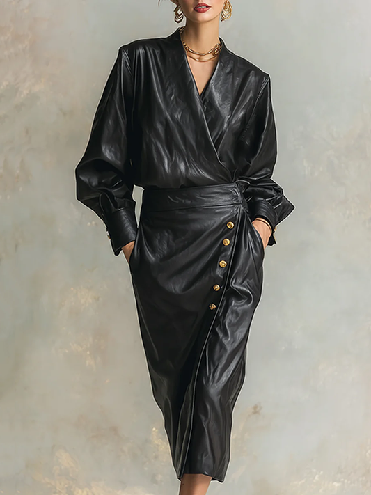 Long Sleeves Puff Sleeves Buttoned Pleated Solid Color V-Neck Midi Dresses