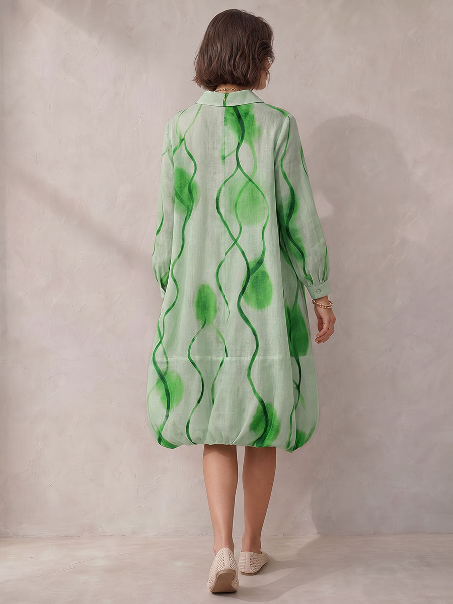 Printed Pockets Elasticity Contrast Color Buttoned Loose Long Sleeves Lapel Midi Dresses