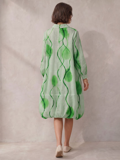 Printed Pockets Elasticity Contrast Color Buttoned Loose Long Sleeves Lapel Midi Dresses