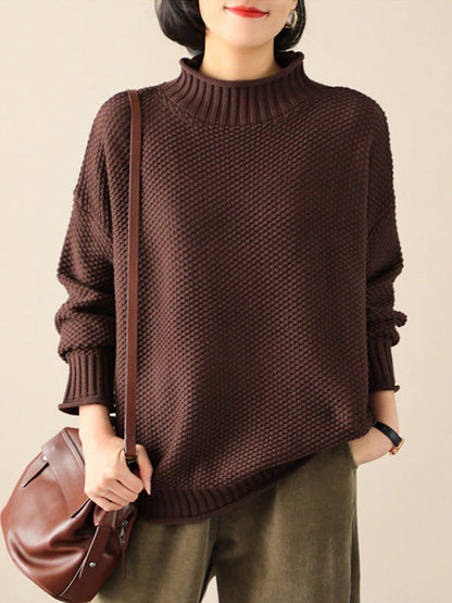 Casual Loose Long Sleeves Solid Color High-Neck Sweater Tops COFFEE One_size