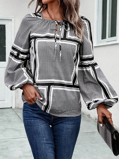 Long Sleeves Loose Elasticity Print Tied V-Neck Blouses&Shirts Tops