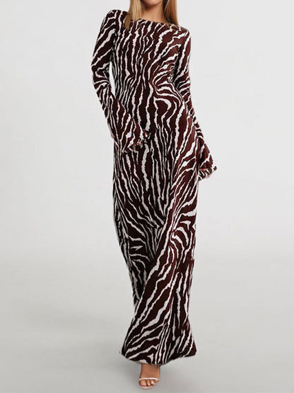 Long Sleeves Split-Toe Zebra Printed Round-Neck Maxi Dresses