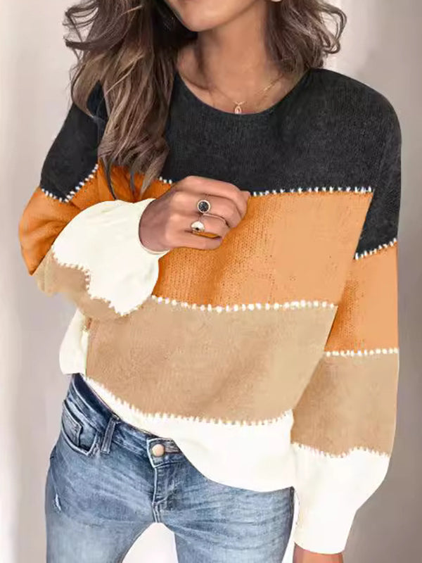 Long Sleeves Loose Contrast Color Split-Joint Striped Round-Neck Pullovers Sweater Tops YELLOW