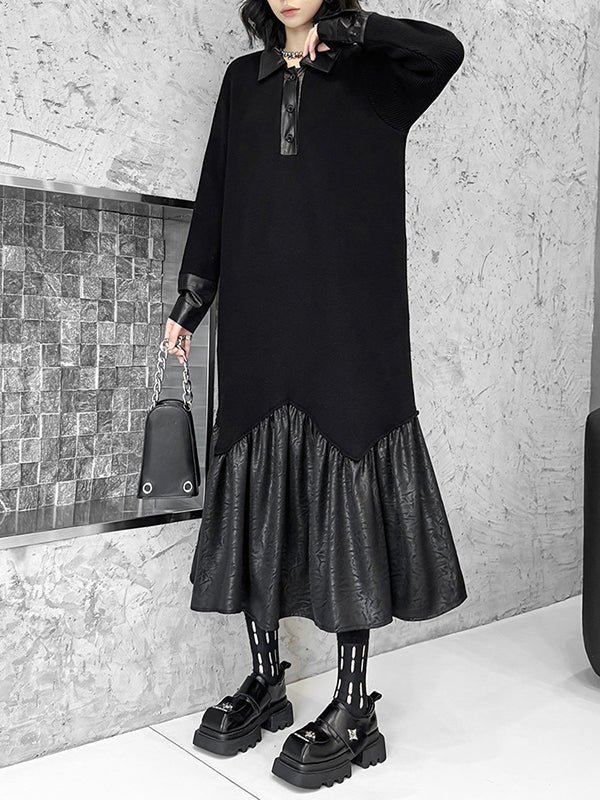 A-Line Long Sleeves Buttoned Split-Joint Polo Midi Dresses Sweater Dresses