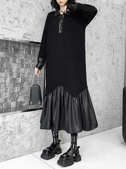 A-Line Long Sleeves Buttoned Split-Joint Polo Midi Dresses Sweater Dresses
