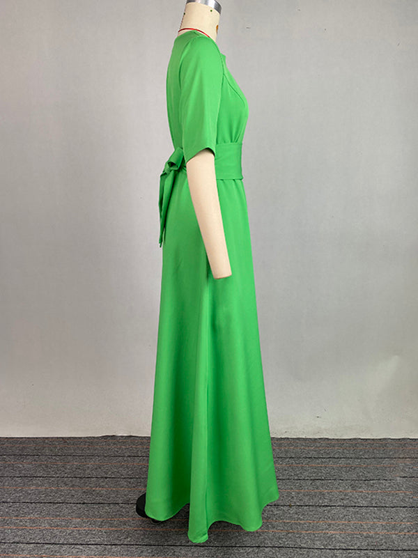 Half Sleeves High Waisted Solid Color Tied Waist V-Neck Maxi Dresses