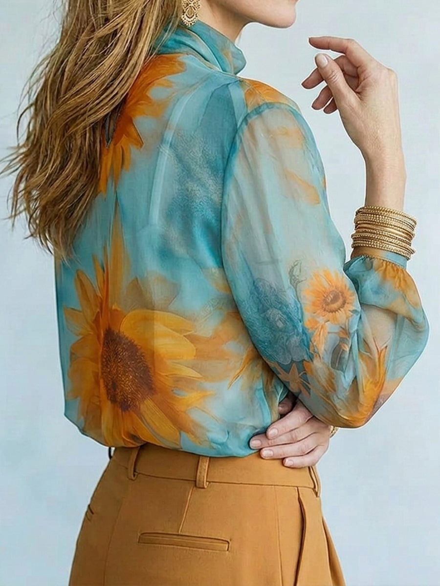 Long Sleeves Loose Contrast Color Flower Print See-Through Mock Neck Blouses&Shirts Tops