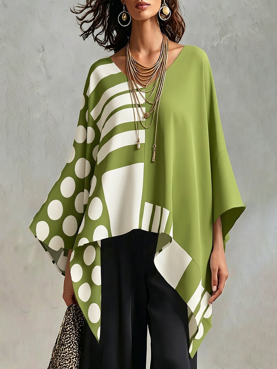 Batwing Sleeves Long Sleeves Contrast Color Polka-Dot Printed Round-Neck T-Shirts Tops