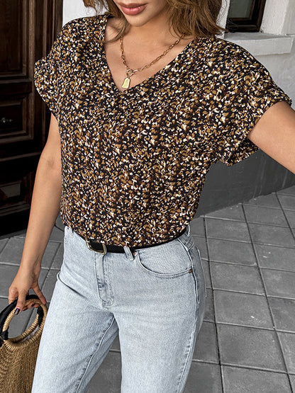 Loose Short Sleeves Contrast Color V-Neck Blouses&Shirts Tops