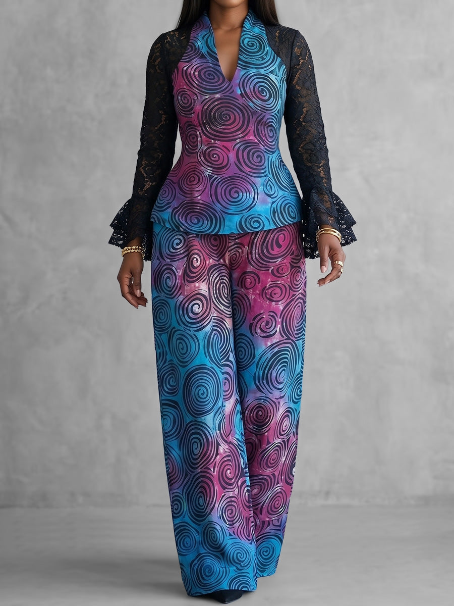 Flared Sleeves Long Sleeves Contrast Color Printed See-Through Split-Joint V-Neck Blouses&Shirts Tops