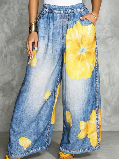 High Waisted Wide Leg Contrast Color Elasticity Flower Print Pockets Jean Pants Bottoms