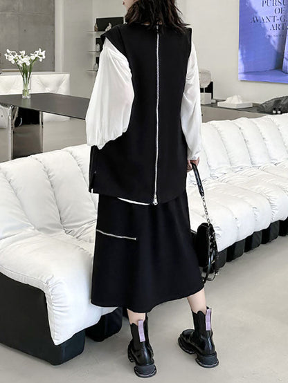 Débardeur ample sans manches à col rond et fermeture éclair asymétrique 