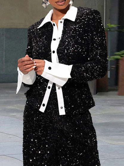 Long Sleeves Loose Contrast Color Sequined Split-Joint Lapel Blouses&Shirts Tops