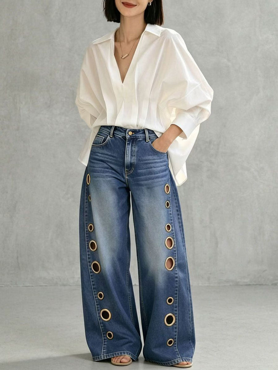 High-Low Long Sleeves Pleated Solid Color Split-Joint Lapel Blouses&Shirts Tops