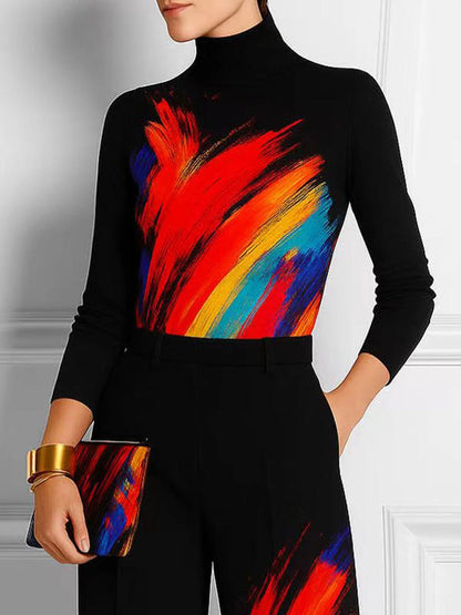 Long Sleeves Printed Mock Neck T-Shirts Tops