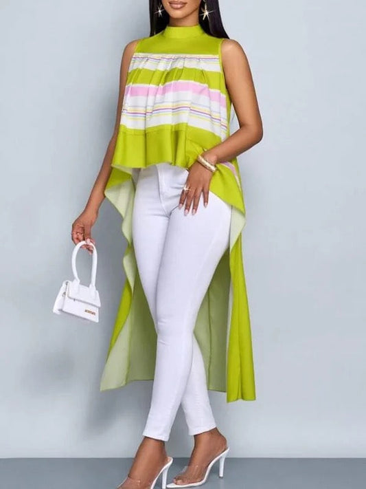 High-Low Loose Contrast Color Pleated Mock Neck Blouses&Shirts Tops