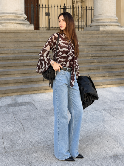 Tied Printed Contrast Color Ruffle Sleeves Long Sleeves V-neck Blouses&shirts Tops