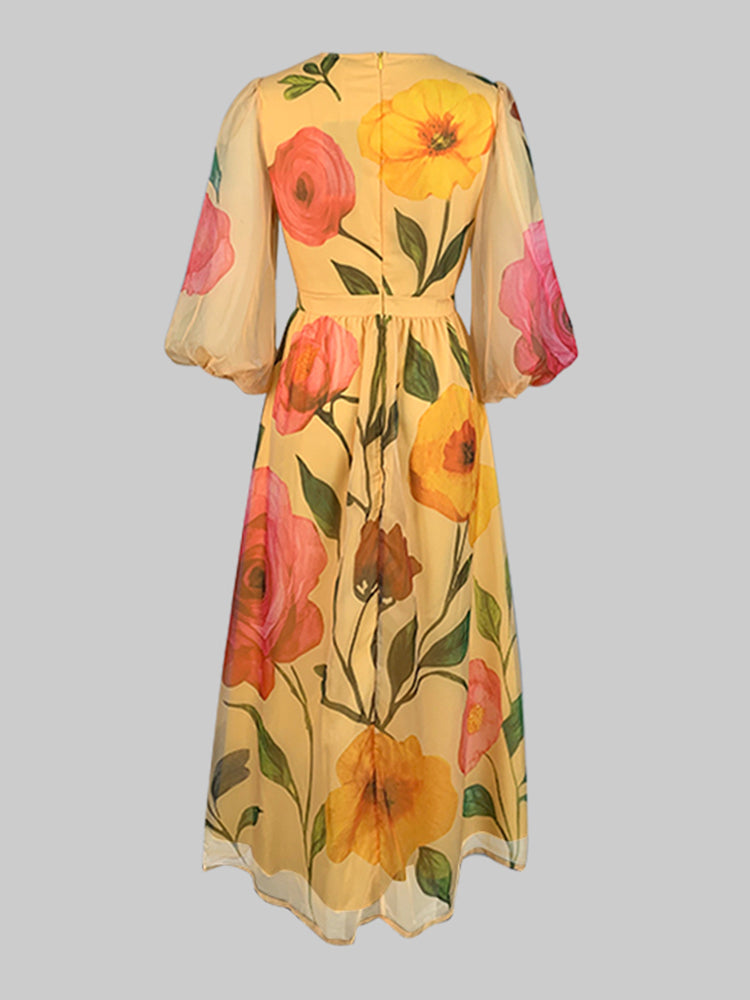 Lockere, durchsichtige Midikleider mit Puffärmeln und Blumendruck und Rundhalsausschnitt 