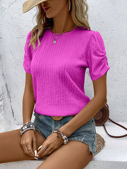 Loose Short Sleeves Pleated Solid Color Round-Neck T-Shirts Tops