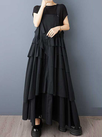 A-Line Loose Asymmetric Buttoned Pleated Spaghetti-Neck Maxi Dresses Suspender Dress
