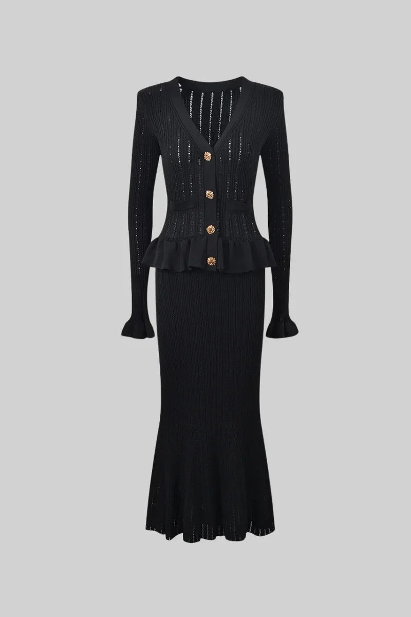 RIDEN RUFFLED JACKET & FLARED SKIRT KNIT MATCHING SET BLACK