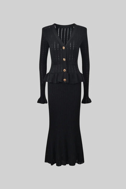 RIDEN RUFFLED JACKET & FLARED SKIRT KNIT MATCHING SET BLACK