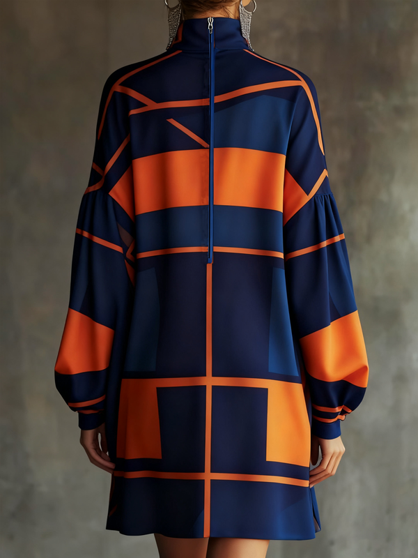 Zipper Split-Joint Pockets Pleated Contrast Color Loose Long Sleeves High Neck Mini Dresses