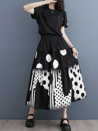 Loose Elasticity Pleated Pockets Polka Dot Printed Ruffled Split-Joint Skirts Bottoms