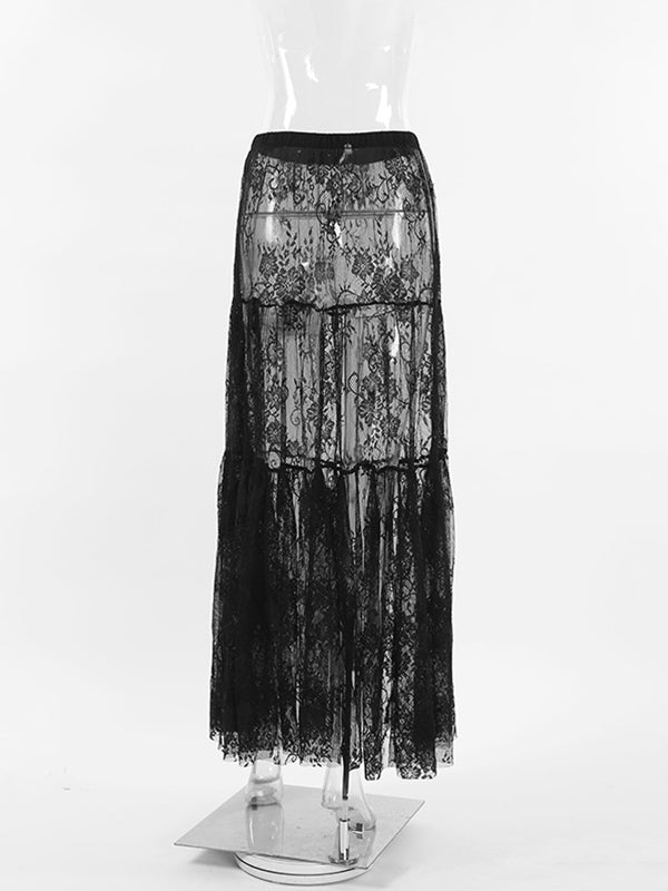 A-Line High Waisted Elasticity Hollow Jacquard Mesh See-Through Split-Joint Skirts Bottoms