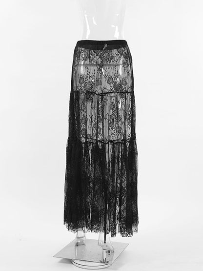 A-Line High Waisted Elasticity Hollow Jacquard Mesh See-Through Split-Joint Skirts Bottoms