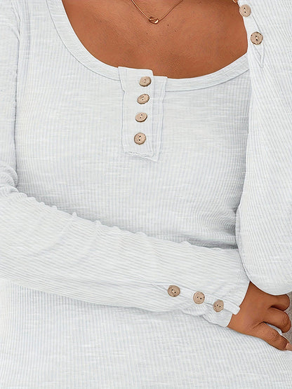 Long Sleeves Buttoned Solid Color Striped Square-Neck Knit Top