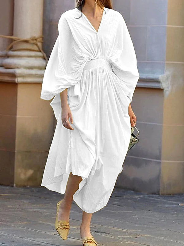 Long Sleeves Loose Backless Solid Color V-Neck Midi Dresses