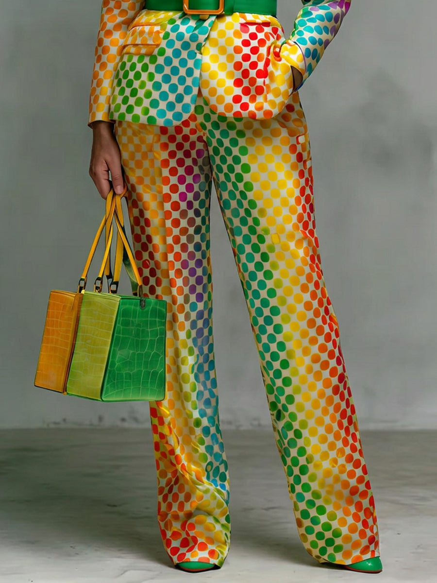 Polka-Dot Pockets Gradient Contrast Color Colorful Wide Leg Loose Trousers Suit Pants