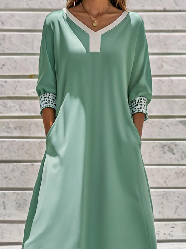 A-Line Long Sleeves Leopard Pockets Split-Joint V-Neck Midi Dresses