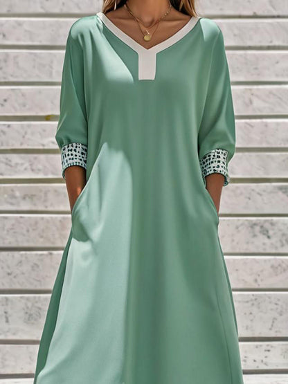 A-Line Long Sleeves Leopard Pockets Split-Joint V-Neck Midi Dresses